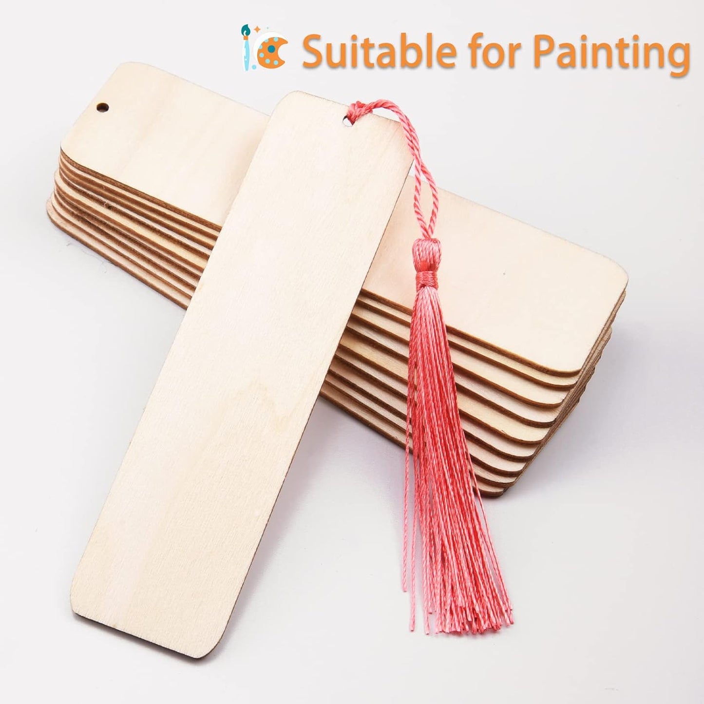 100-Piece Set of Unfinished Wooden Bookmarks with Holes and Colorful Tassels for DIY Crafts, Weddings, and Birthdays