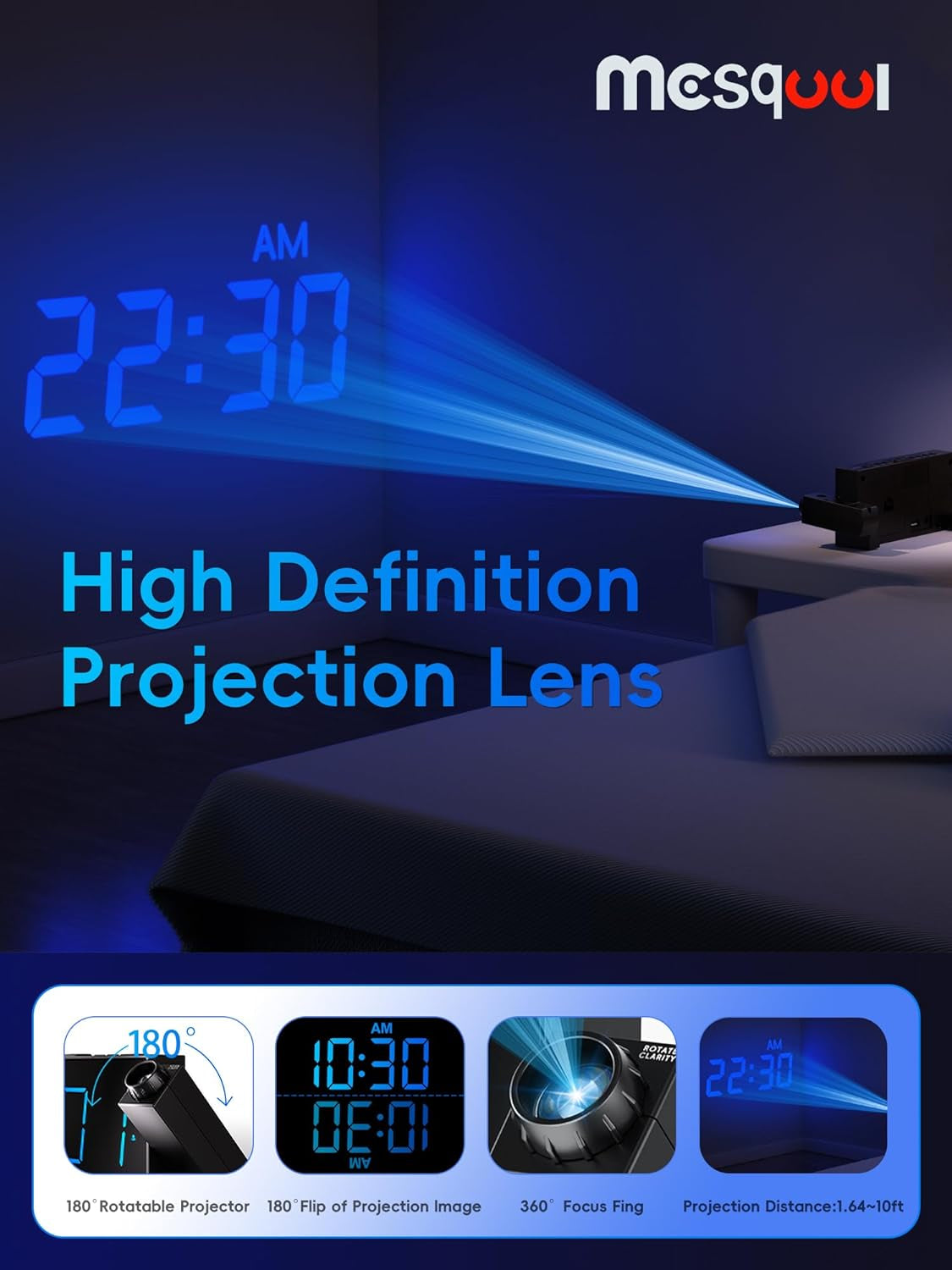 Projection Alarm Clock with 7" LED Display, Adjustable Dimmer, 5 Volume Levels, 9-Minute Snooze, Dual Alarm Functionality, USB Charging Port