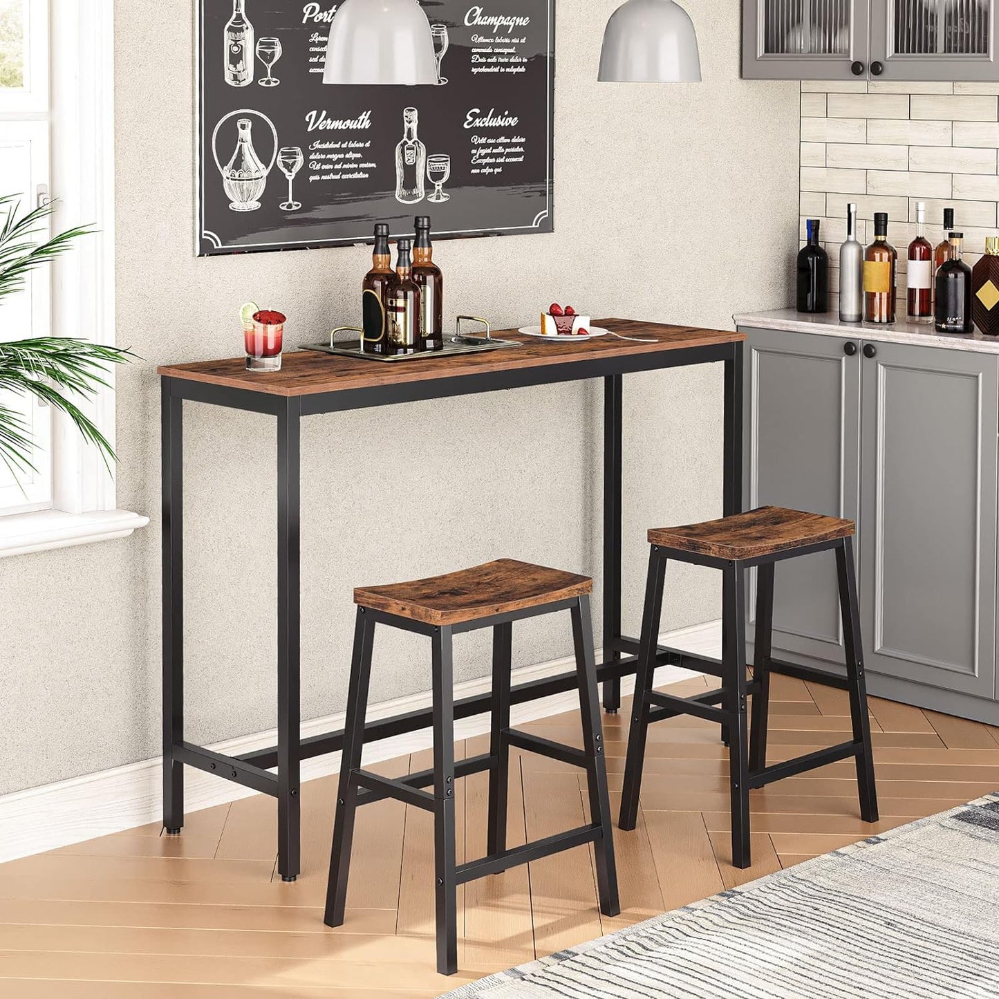 Set of 2 Industrial Saddle Bar Stools with Footrests in Rustic Brown and Black for Dining Room and Kitchen