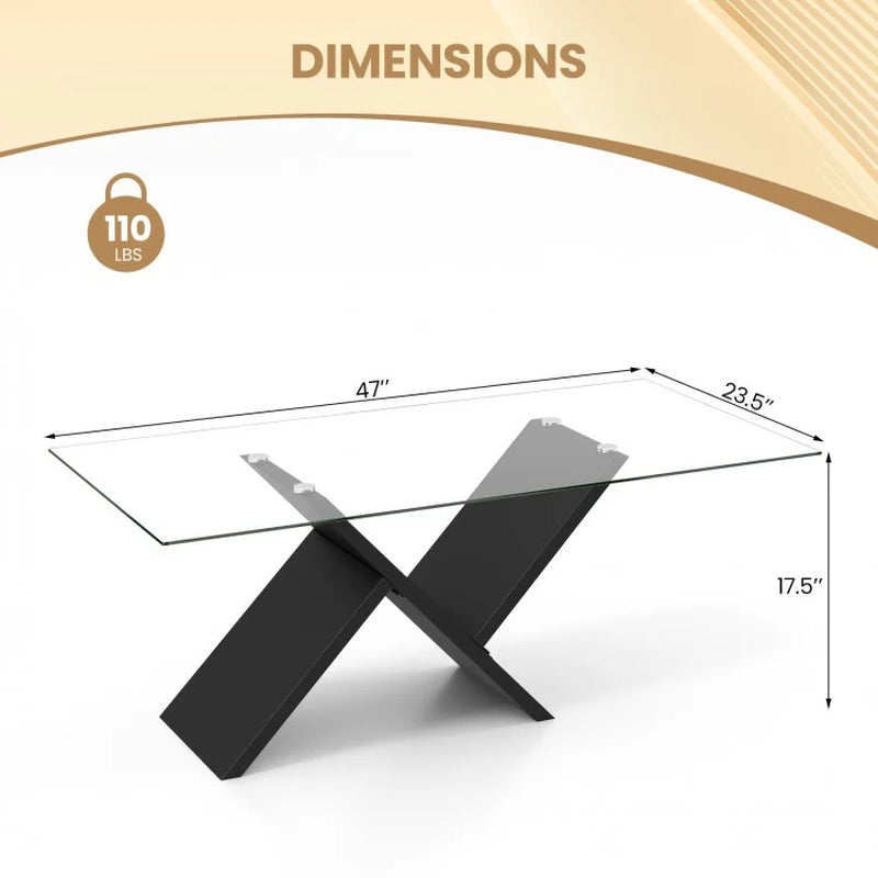 47-Inch Modern Rectangle Glass Coffee Table with Tempered Glass Top