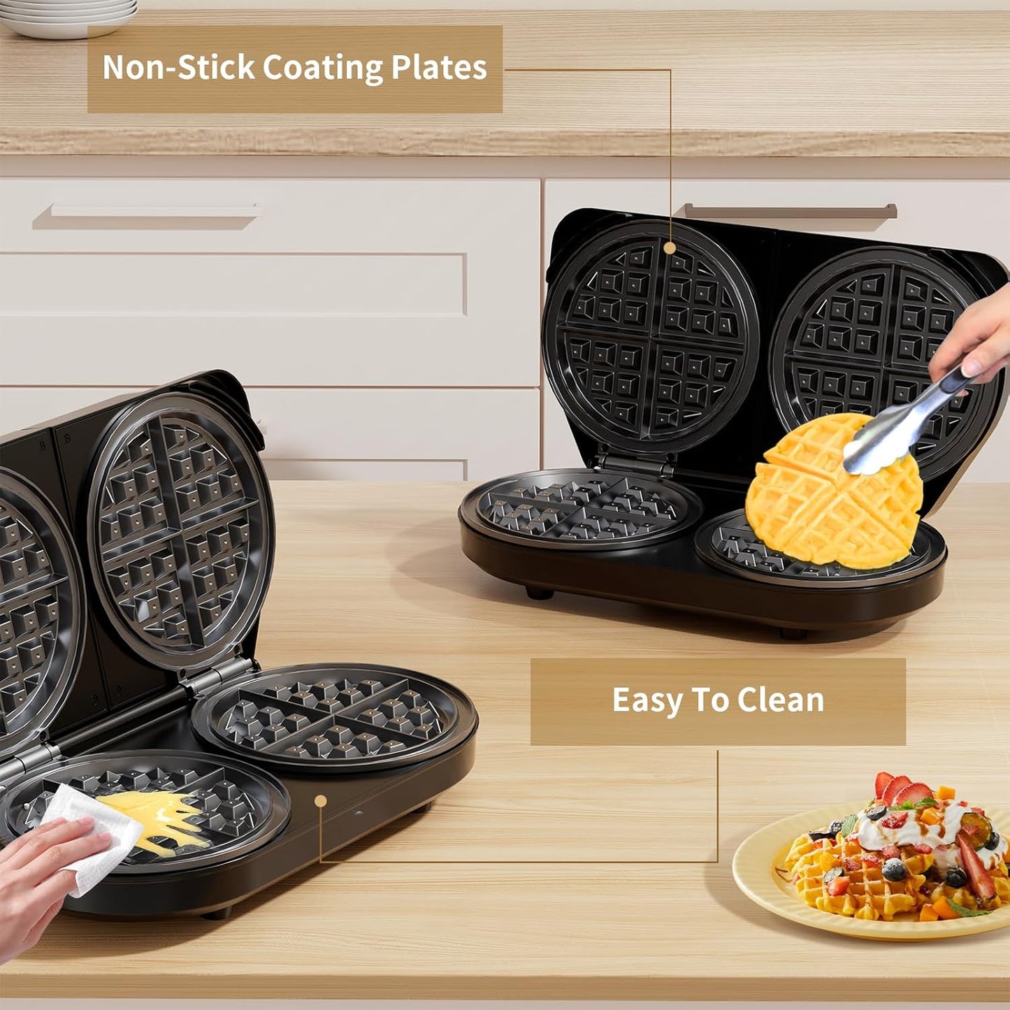 6-Inch Double Waffle Maker, 1400W Belgian Waffle Iron with Nonstick Plates, Adjustable Temperature Control, Cool-Touch Handles
