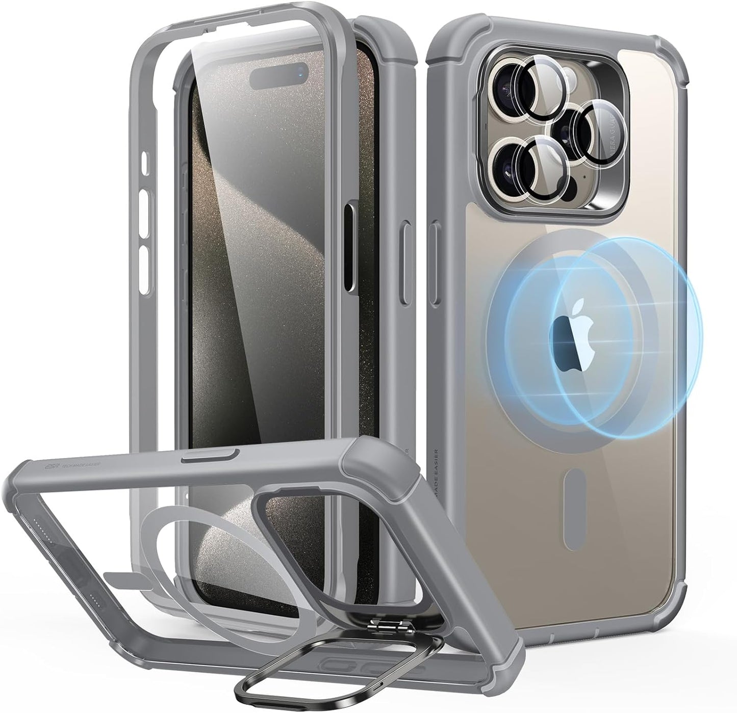 iPhone 15 Pro Max Armor Series Case: Full-Body Shockproof MagSafe Protection with Built-In Stash Stand and Individual Lens Protectors - Black