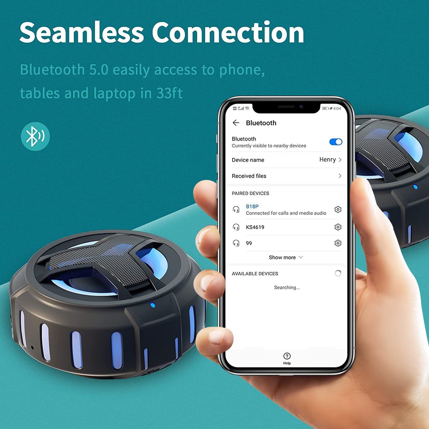Bluetooth Shower Speaker - Portable IP67 Waterproof Wireless Speaker with LED Light, Floating Design, 2000mAh Battery, True Wireless Stereo for Outdoor Activities - Black