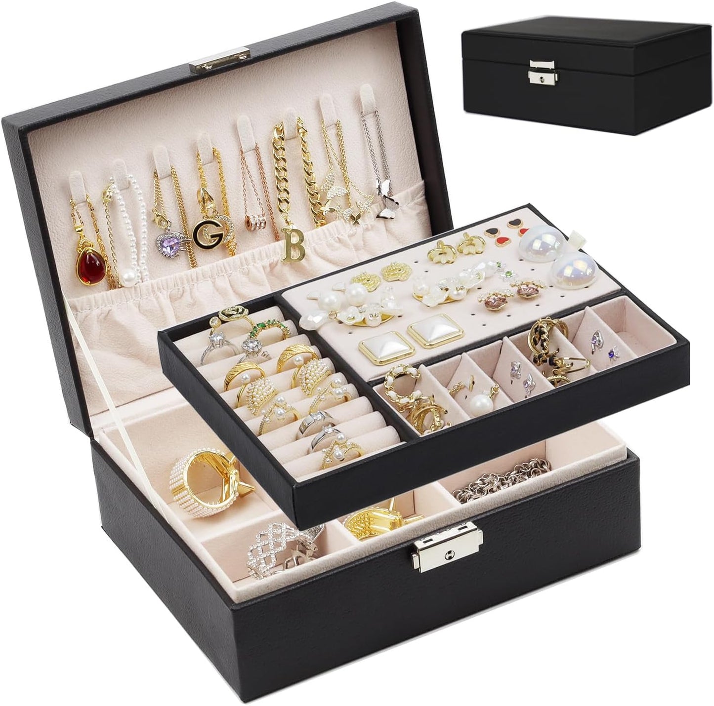Elegant 2-Layer Jewelry Organizer Box in Black PU Leather with Soft Lining and Lock for Rings, Earrings, Necklaces, Bracelets