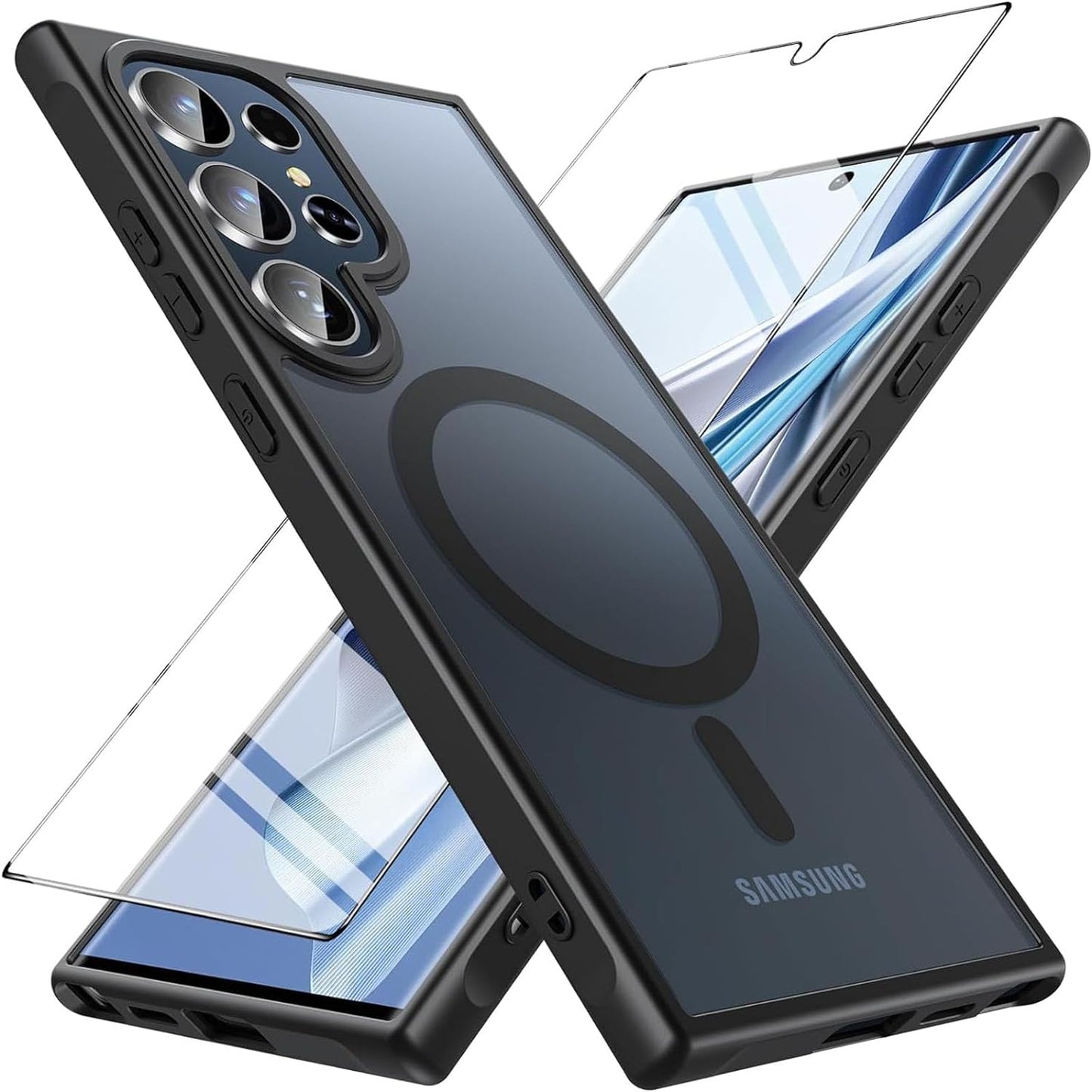 Samsung Galaxy S24 Ultra Case with Screen Protector - Magnetic Shockproof Translucent Matte Back Bumper Cover, Black