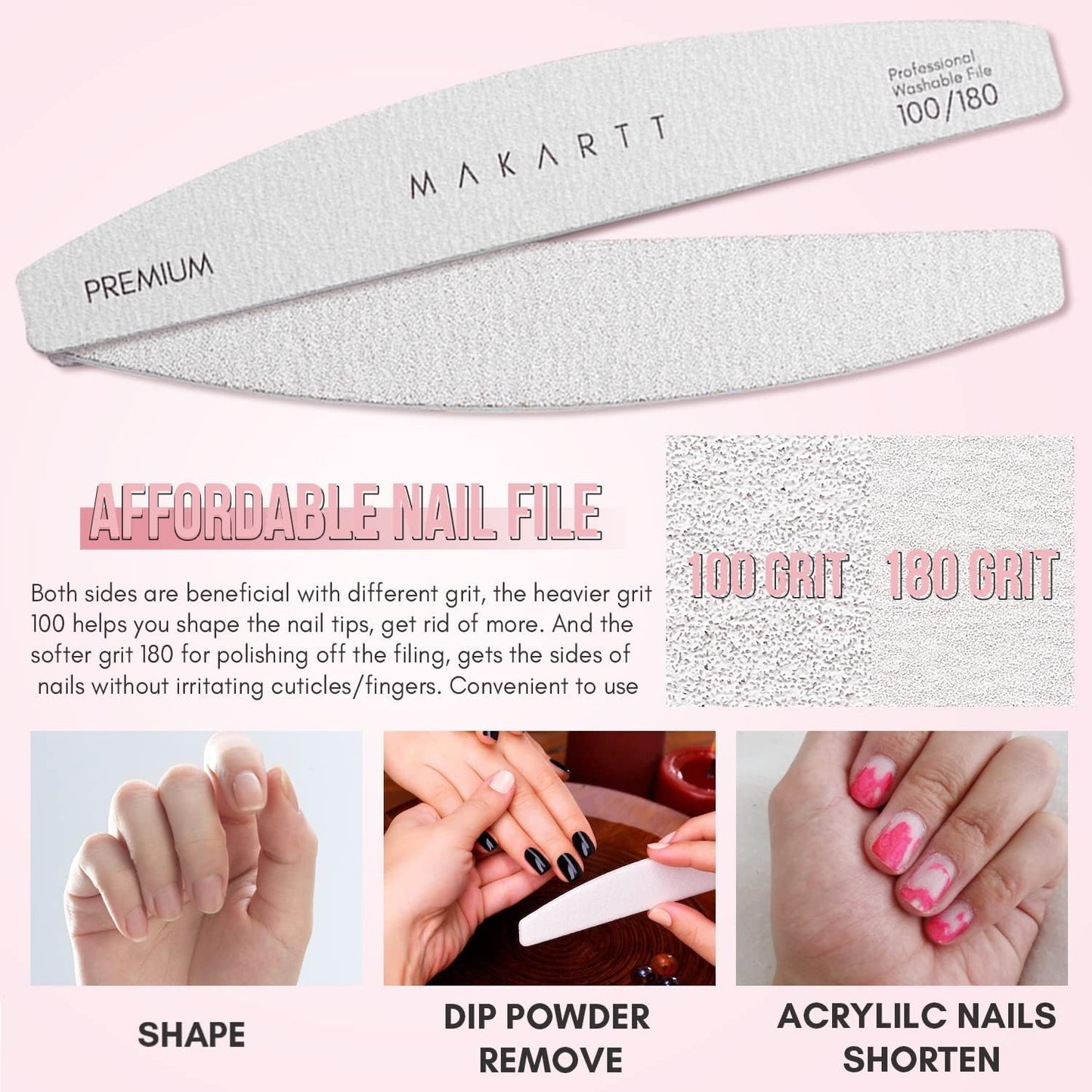 Zebra Nail Files - 100/100 Grit Emery Boards for Poly Nail Extension Gel and Acrylic Nails, Double-Sided and Washable, Set of 10 Manicure Tools