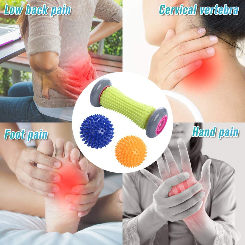 Foot Roller Massage Ball Set for Plantar Fasciitis Relief and Reflexology - 1 Roller and 2 Spiky Balls