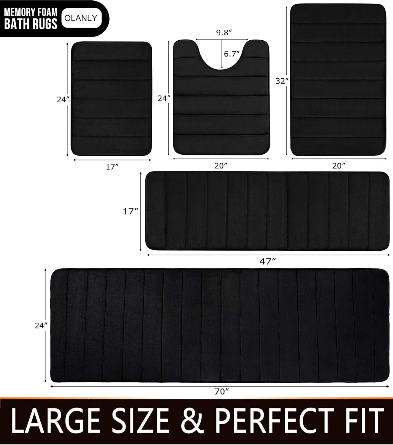 Memory Foam Non-Slip Bath Mat with Absorbent Rubber Backing for Kitchen and Bathroom Floors, 16" x 24", Black