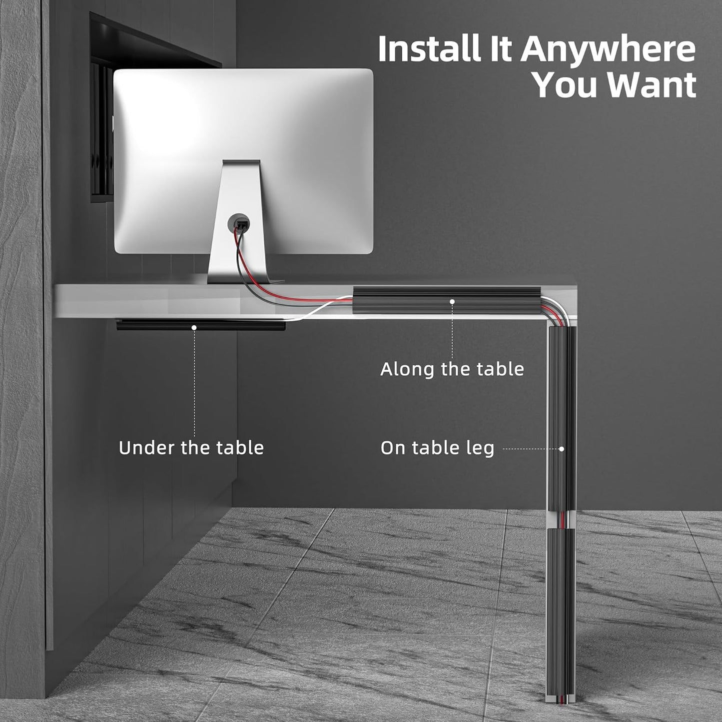 94In Cable Management under Desk - 6X 15.7In Desk Cord Cable Organizer - J Channel Cable Raceway - Computer Wire Management - No Screw No Drill Desk Cable Tray for Office Home - Black