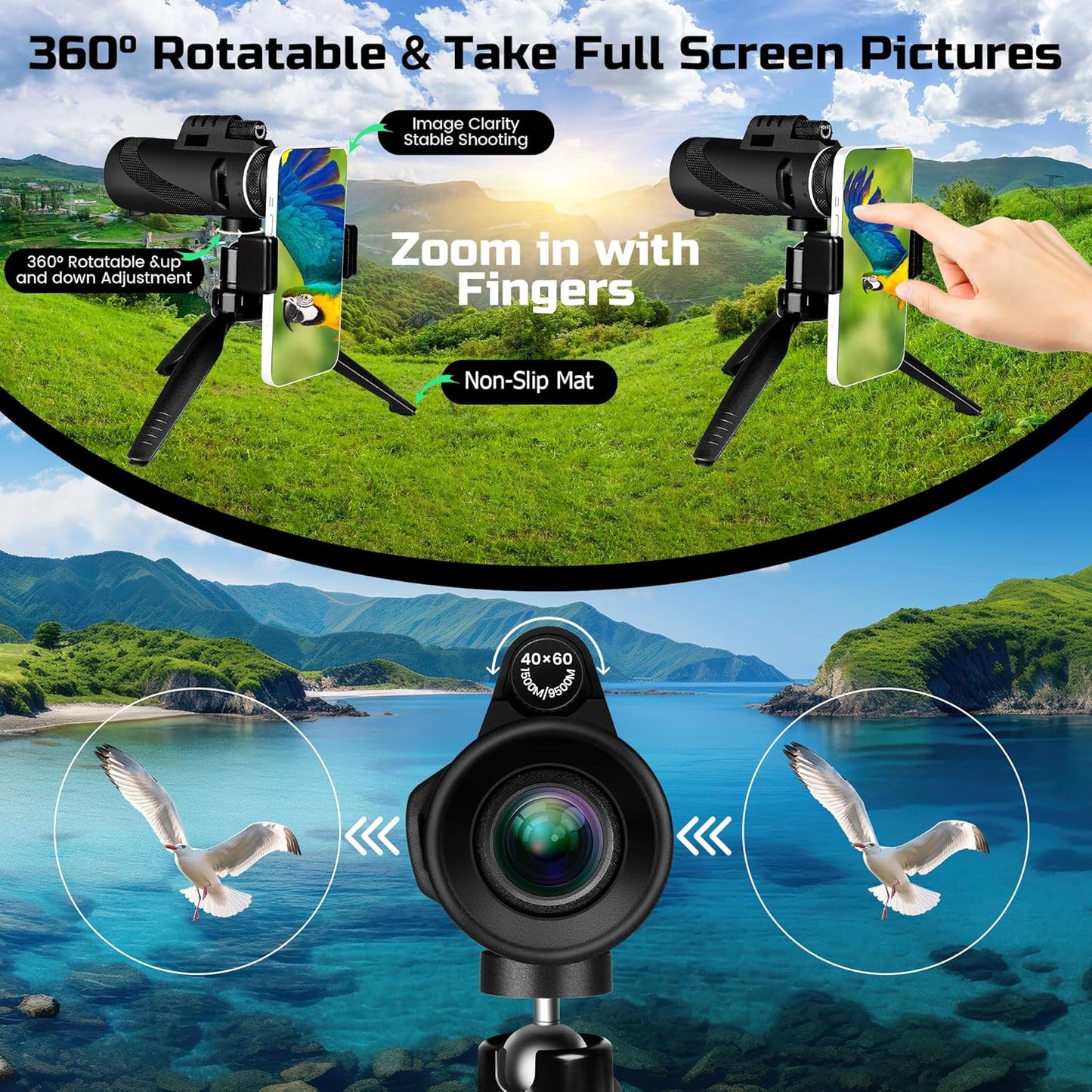 40X60 Monocular Telescope - Smartphone Holder and Tripod - Compact, Waterproof, HD Optics - BAK4 Prisms and FMC Lens
