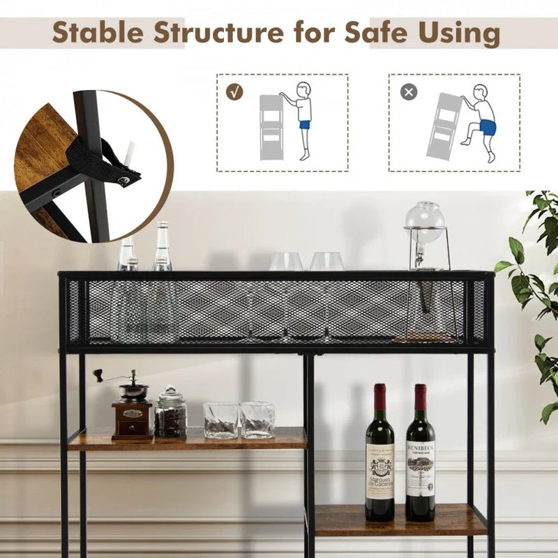 Industrial 4-Tier Console Table with Wire Basket and Shelf