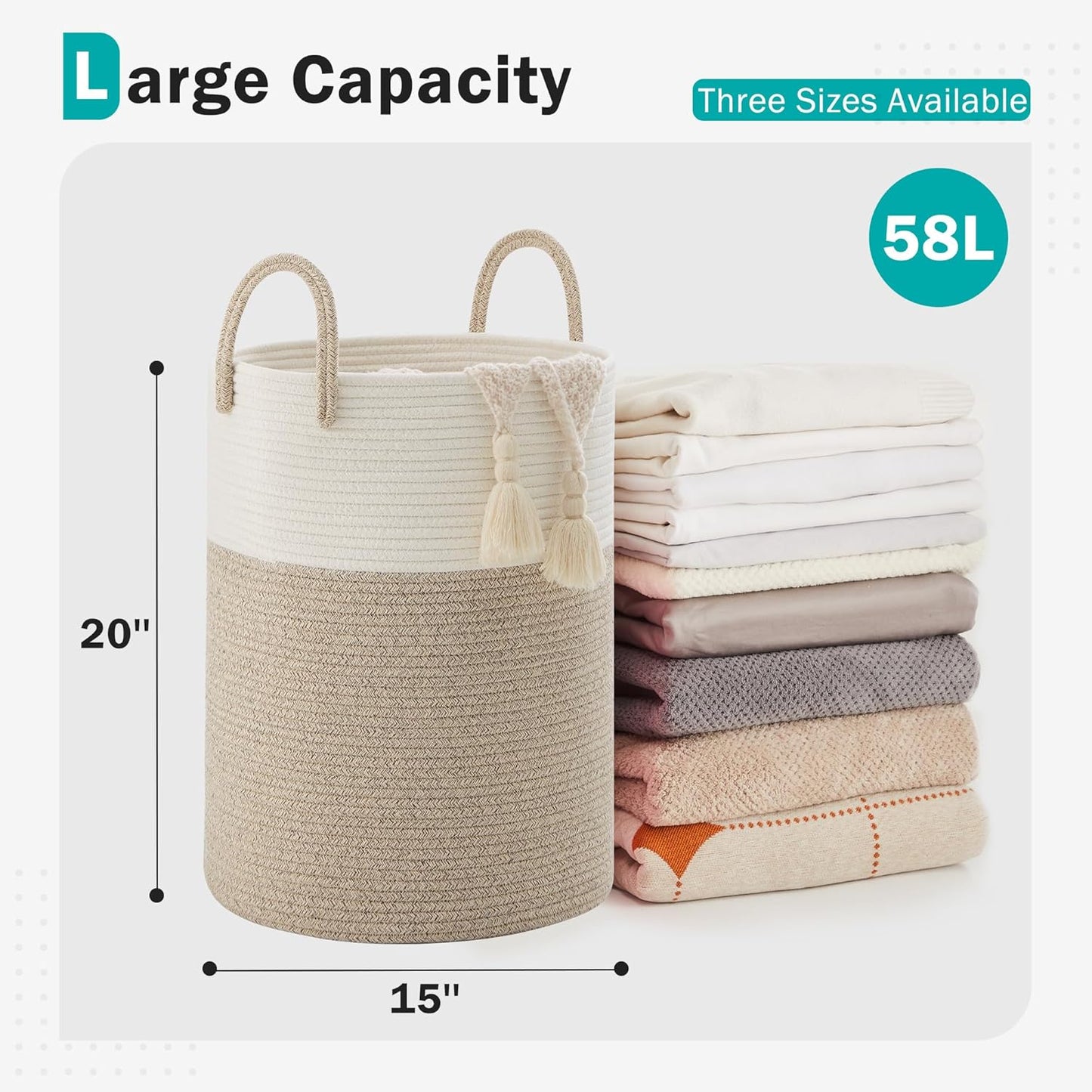 Cotton Rope Laundry Hamper by , 58L - Woven Collapsible Laundry Basket - Clothes Storage Basket for Blankets, Laundry Room Organizing, Bedroom Storage, Clothes Hamper – Brown
