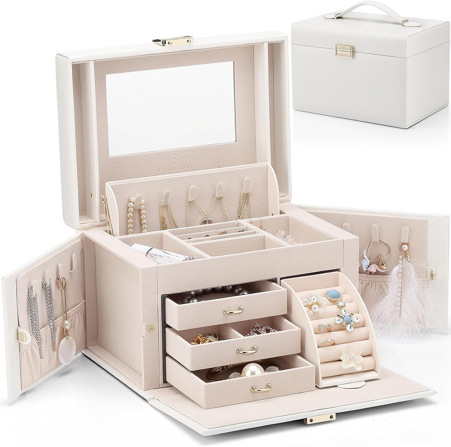 Elegant Baroque Jewelry Organizer-Spacious Storage Box with Mirror and Drawers for Bracelets, Earrings, Rings, Necklaces