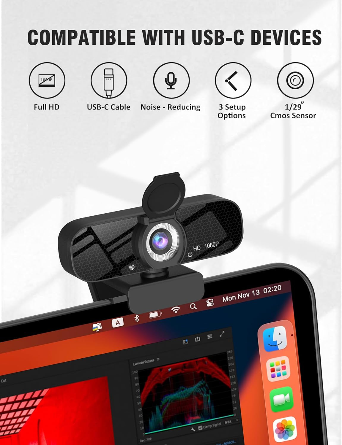 Full HD 1080P Webcam - Wide Angle Lens, Integrated Microphone, Adjustable Tripod - Laptop Desktop - Live Streaming, Video Conferencing (Black)