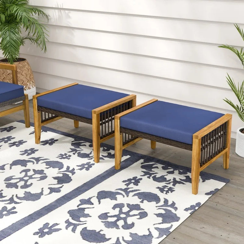 Acacia Wood Patio Ottomans with Cushions and Versatile Rattan Woven Footstools