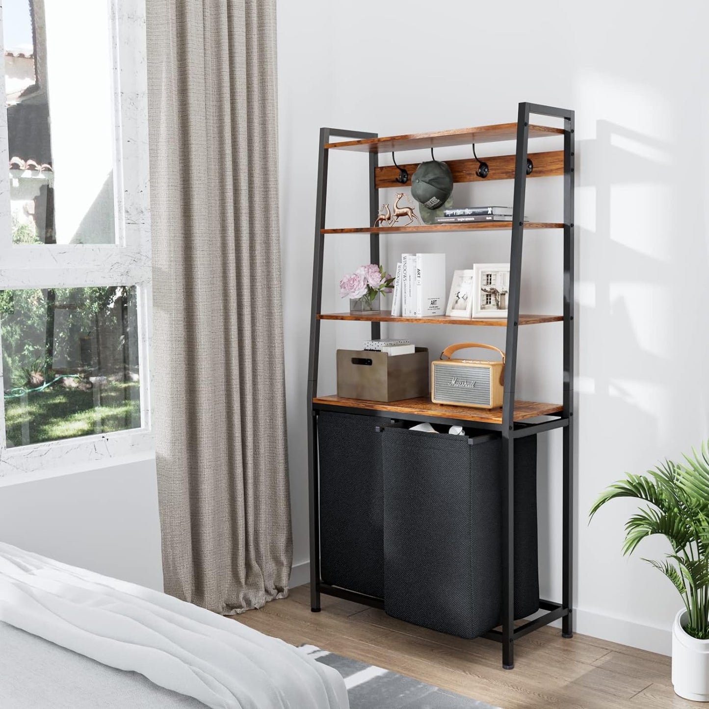 4 Tiers Laundry Hamper with Shelf and Hooks, Tall Laundry Basket Sorter with 2 Removable Laundry Bags, Ladder Shelves with Clothes Hamper for Laundry Room Bathroom Bedroom