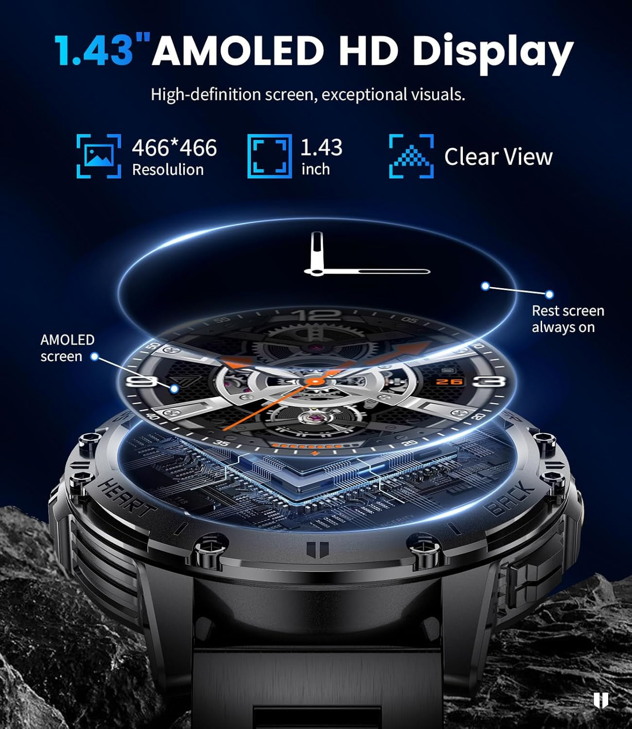 Smart Watch - Bluetooth Calling, 1.43" HD AMOLED Fitness Tracker, IP68 Waterproof, 100+ Sports Modes, 530mAh Battery, Heart Rate and Sleep Monitoring