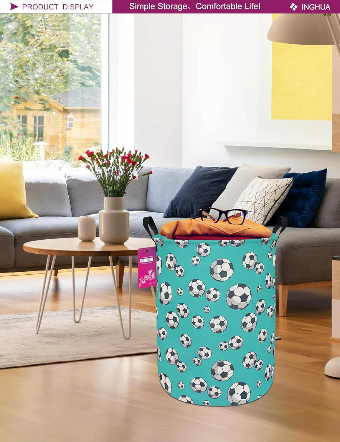 Laundry Hamper Large Canvas Fabric Lightweight Storage Basket/Toy Organizer/Dirty Clothes Collapsible Waterproof for College Dorms, Boys and Girls Bedroom,Bathroom(Football)