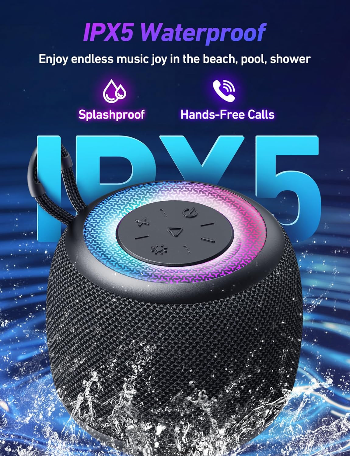 Bluetooth Speaker with IPX5 Waterproof Rating, Bluetooth 5.3, RGB Lighting, Stereo Sound and Enhanced Bass