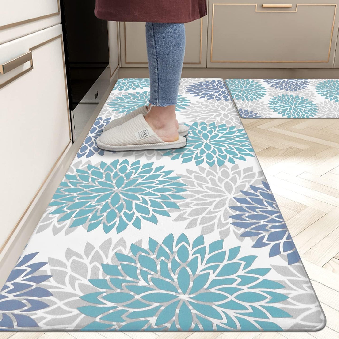 Anti-Fatigue Kitchen Rug Set - 2-Piece Non-Skid Cushioned Floor Mats (17" x 48" & 17" x 28") - Waterproof Runner Mats