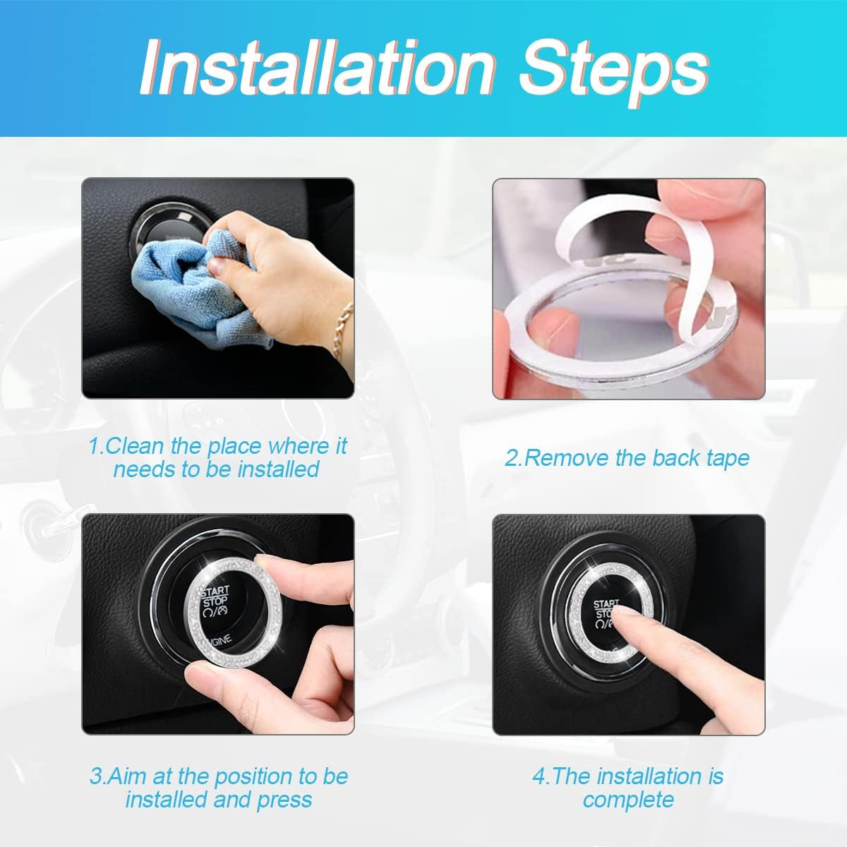 Crystal Rhinestone Engine Start Ring Decals - 2 Pack Push Start Button Covers, Key Ignition Knob Accessories, Sparkling Car Interior Decor for Women (Purple)