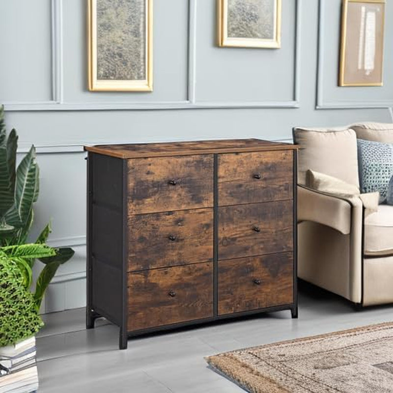 6-Drawer Bedroom Dresser with Metal Frame, Rustic Brown and Classic Black Finish