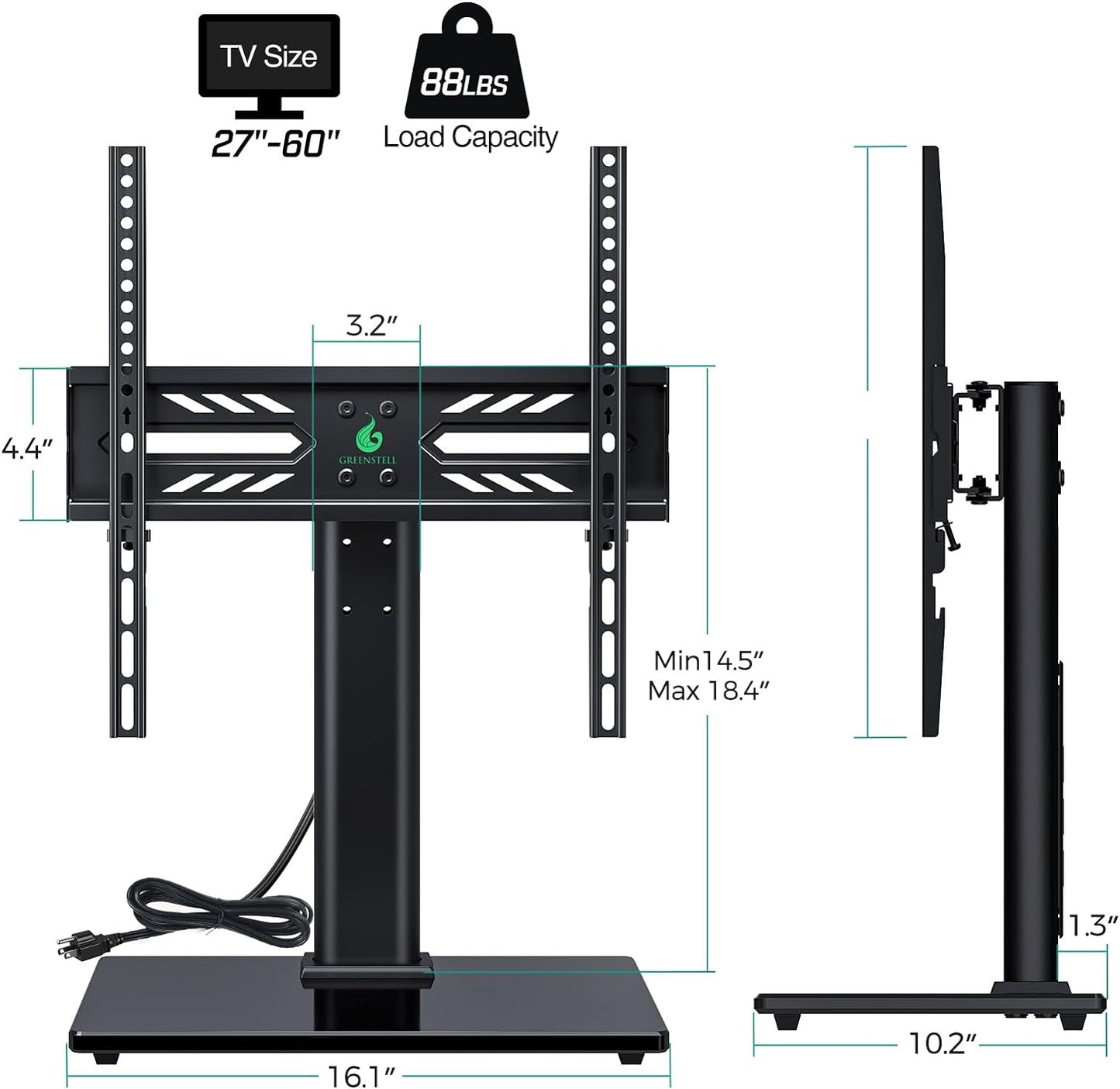 TV Stand with Power Outlet, 88 lbs Adjustable Mount for 27-60 Inch TVs, Swivel Table Top with Tempered Glass Base, , VESA 400x400mm, Black