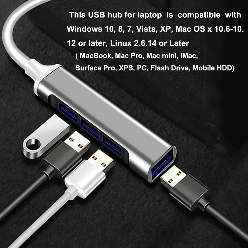 Aluminum USB 3.0 Hub - Portable High-Speed Multi-Port Splitter Adapter for PC, Laptop, DesktopUSB Flash Drives, and Mobile HDDs