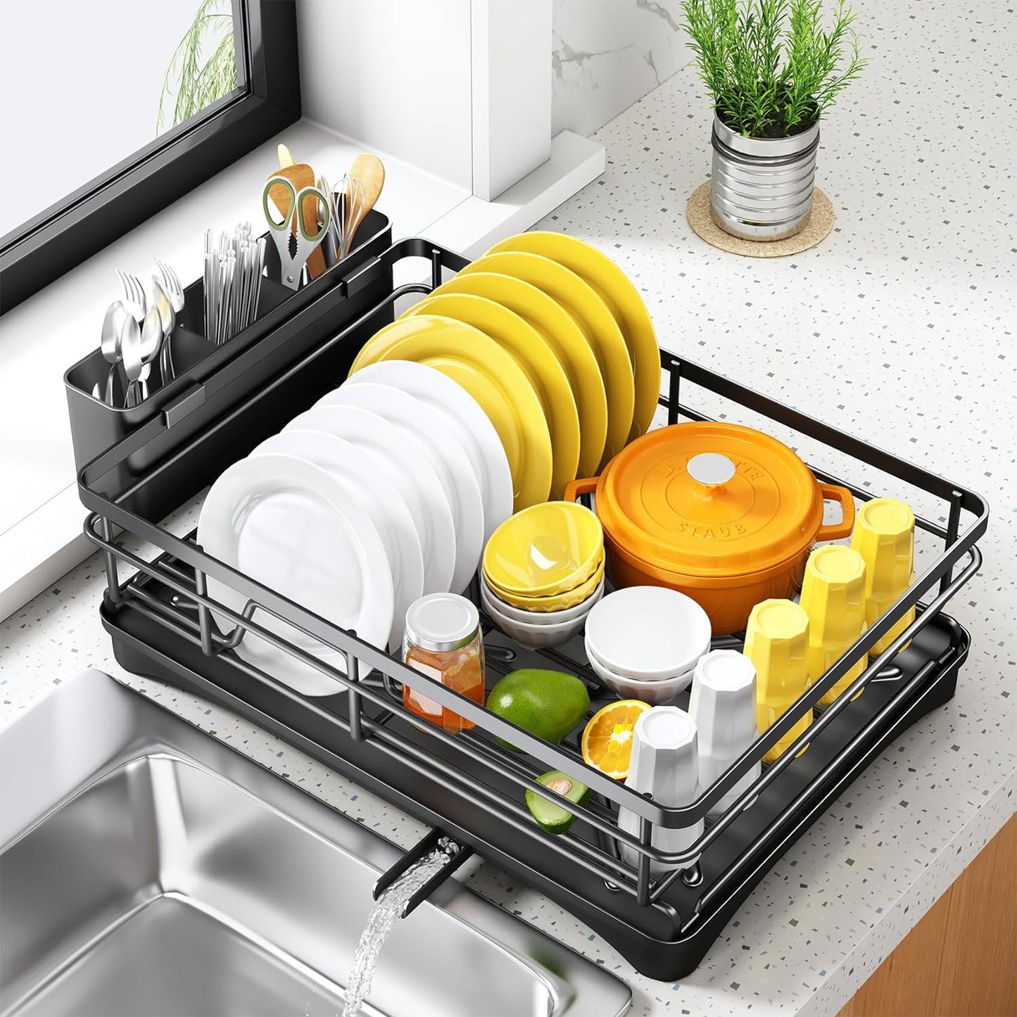 Large Rustproof Dish Drying Rack with Drainboard and Utensil Holder for Kitchen Counter, Black