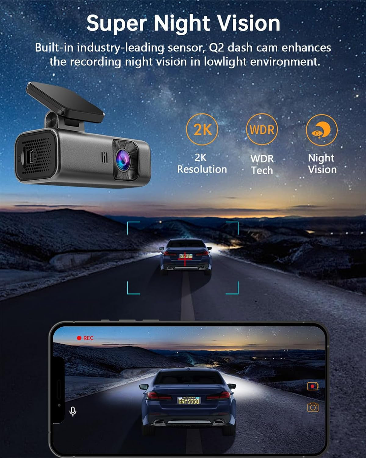 2K WiFi 1440P Dash Camera for Cars with Super Night Vision, WDR, Loop Recording, G-Sensor, 24-Hour Parking Monitoring, Mobile App Support, Up to 128GB Storage Capacity