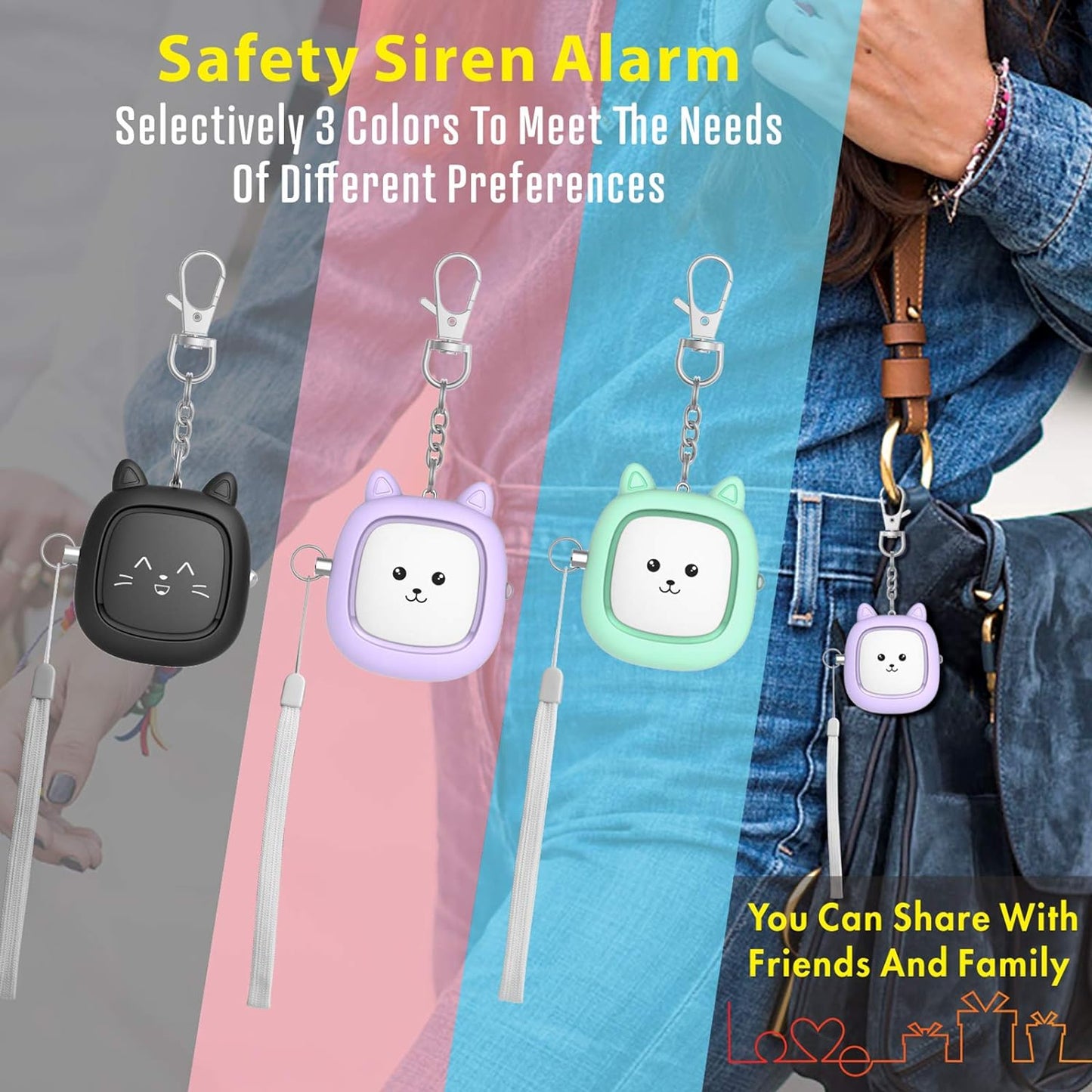 Safe Sound Personal Alarm - 3 Pack 130 dB Emergency Self-Defense Keychain - LED Light Enhanced Security (Black/Purple/Green)