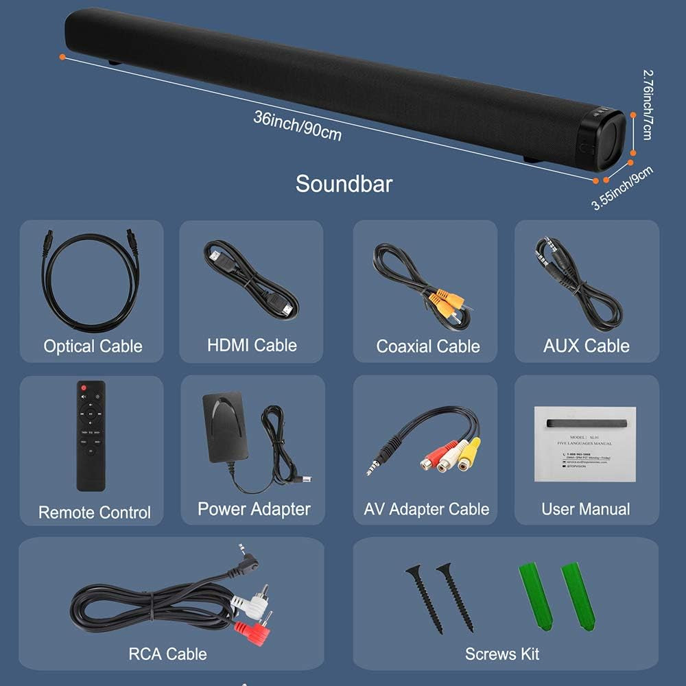 36-Inch 2.1 Channel Sound Bar with Built-In Subwoofer, 120W Surround Sound, Bluetooth 5.0, and Multiple Connectivity Options