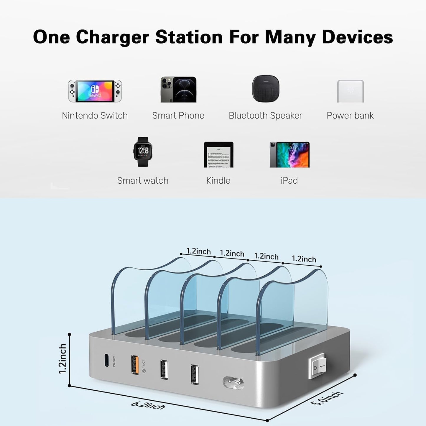 4-Port USB Charging Station and Organizer for Phones, Tablets, and Electronics - Detachable Desktop Docking Solution
