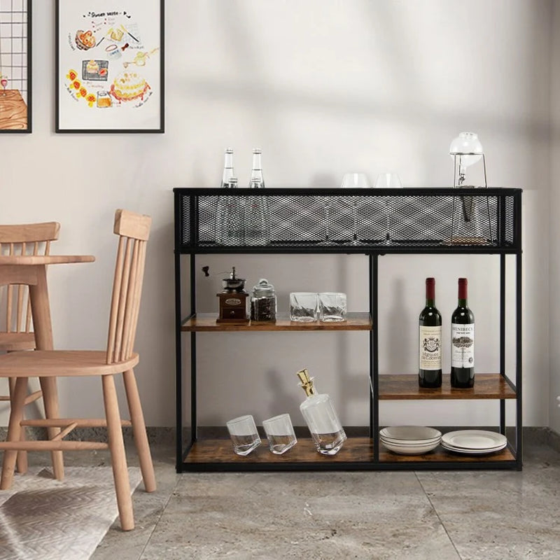 Industrial 4-Tier Console Table with Wire Basket and Shelf