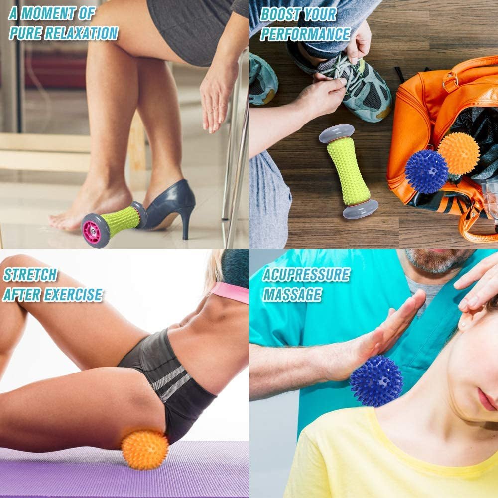 Foot Roller Massage Ball Set for Plantar Fasciitis Relief and Reflexology - 1 Roller and 2 Spiky Balls
