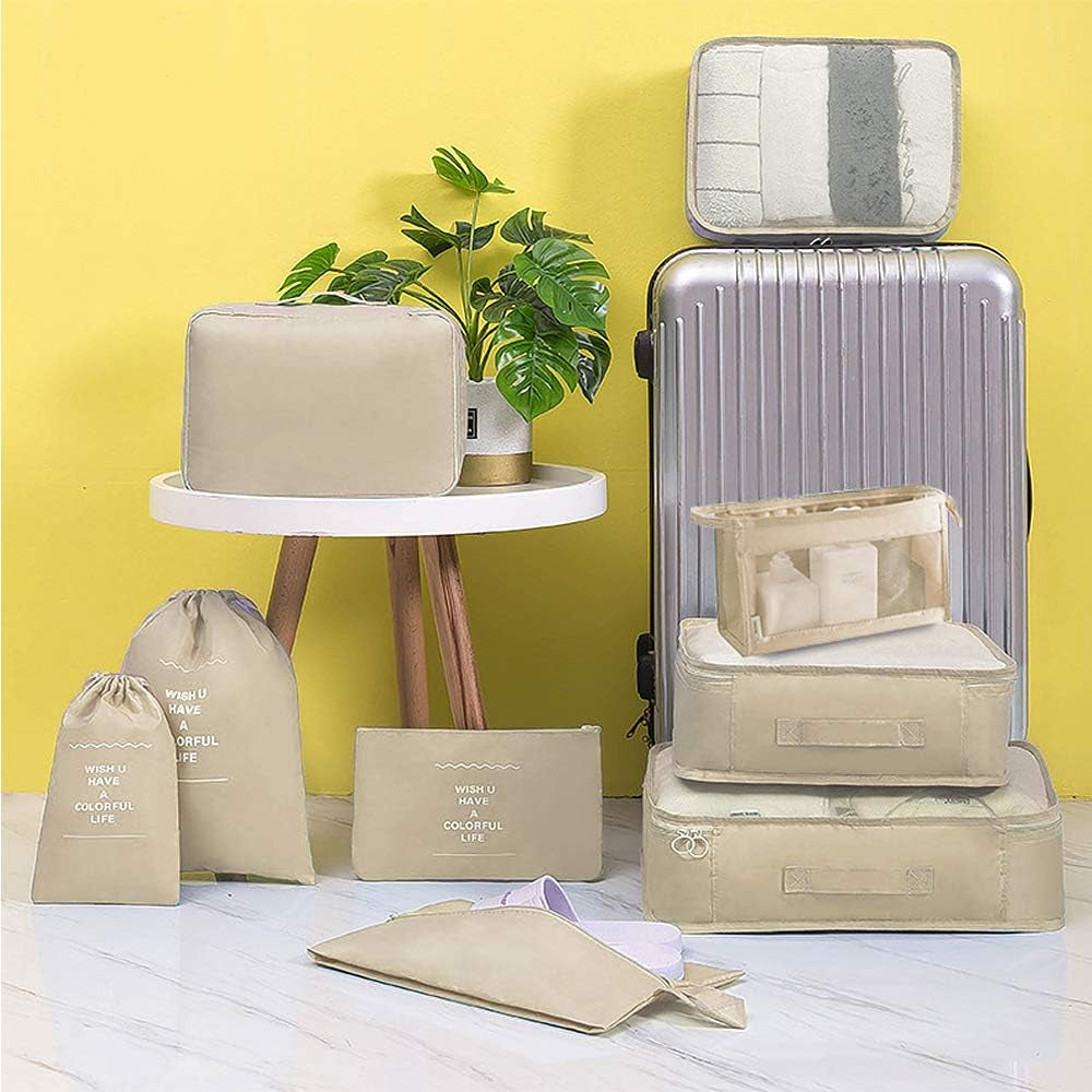 Travel Packing Cubes Set - 9-Piece Waterproof Organizers for Suitcases and Luggage, Multi-Functional Clothing Storage (Beige)
