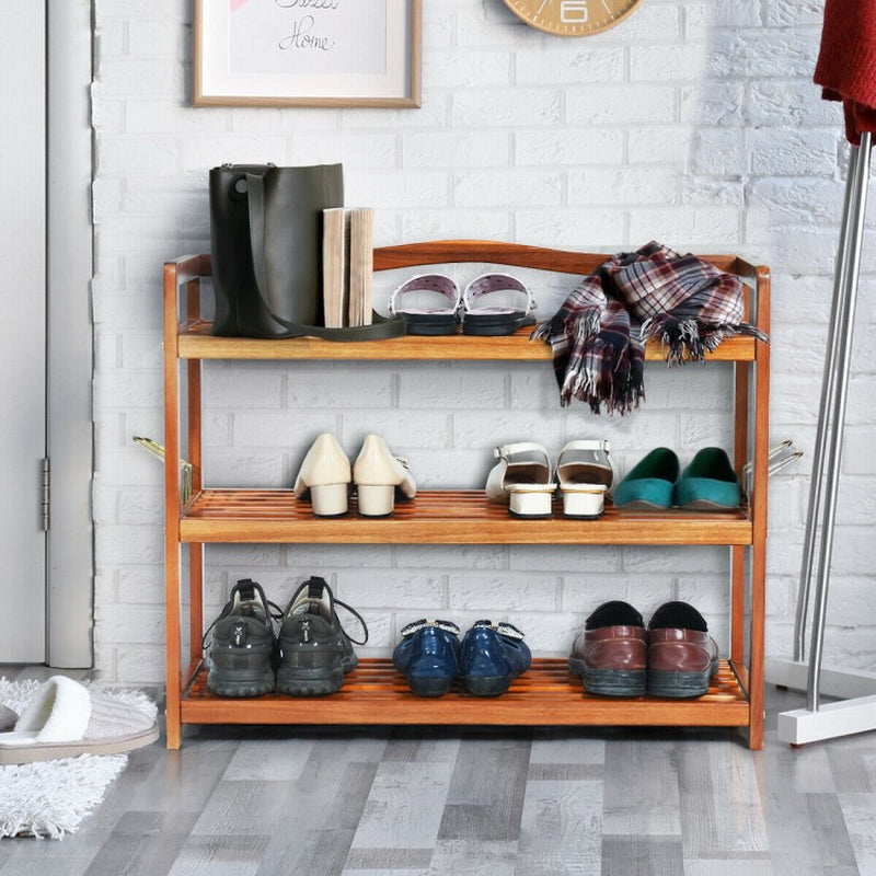 Acacia Wood Shoe Rack with 2-Tier, 3-Tier, and 5-Tier Options and Side Metal Hooks