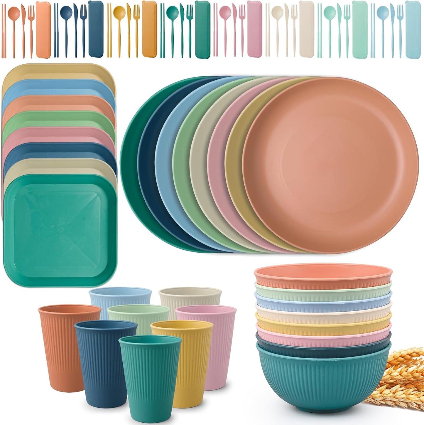 72-Piece Wheat Straw Dinnerware Set - Unbreakable, Microwave-Safe, Lightweight, Reusable Bowls, Plates, Cups, Knives, Forks, and Spoons Utensil Set (Set of 8)