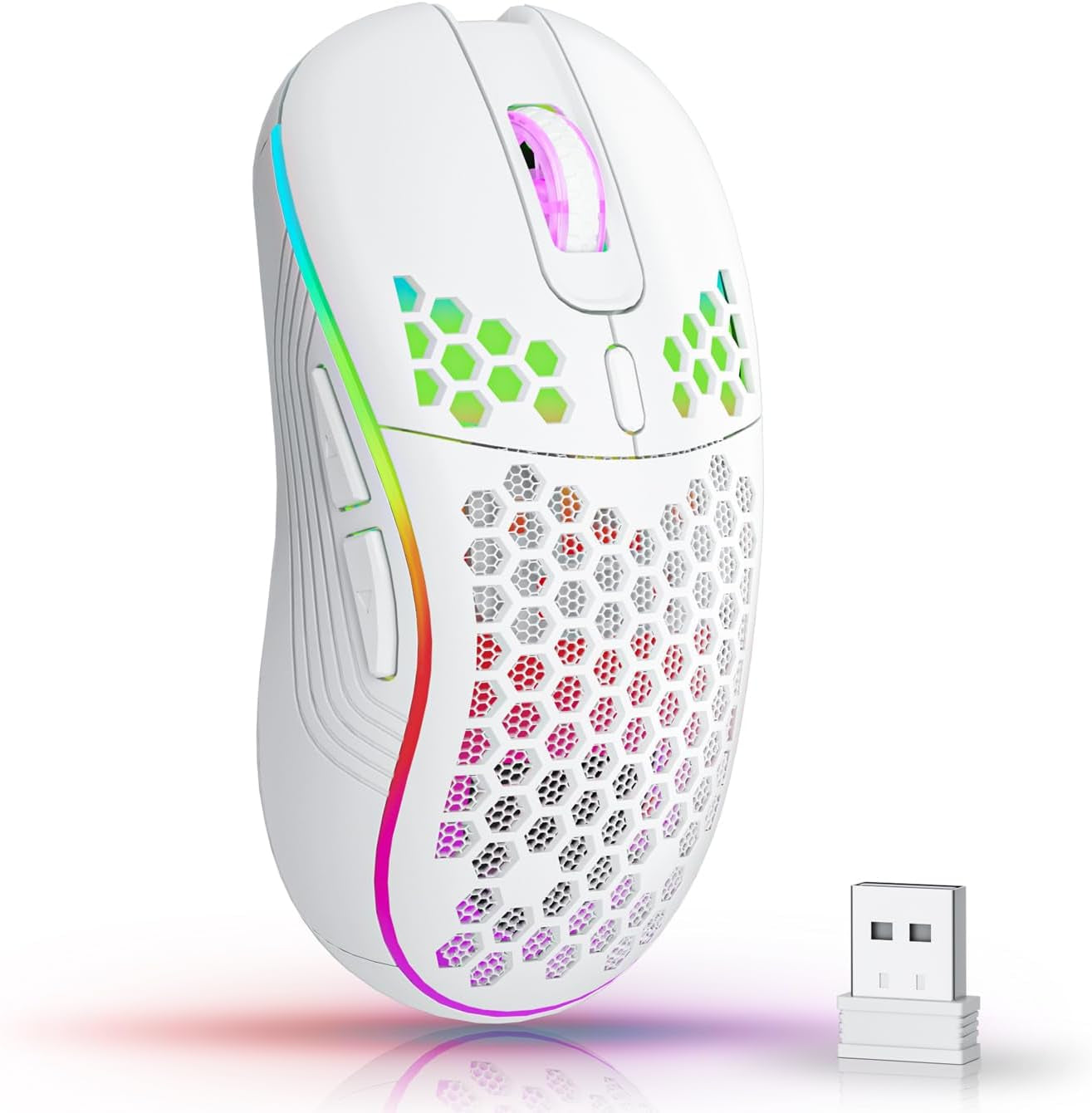 Wireless Ergonomic Gaming Mouse - Honeycomb Design, Rechargeable RGB Backlight, 2.4GHz USB Cordless Connectivity