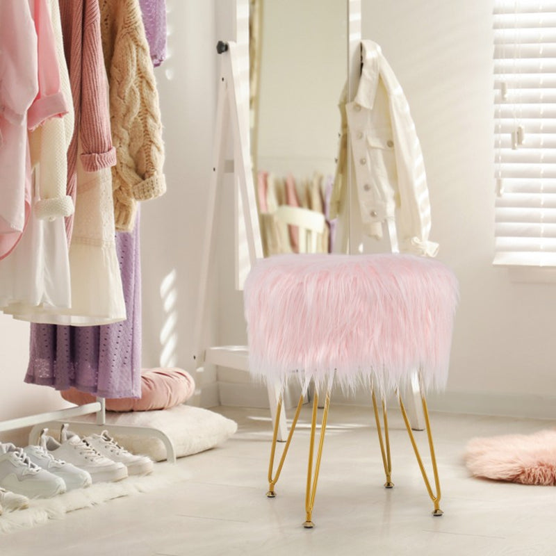 Round Faux Fur Upholstered Vanity Stool with Padded Seat