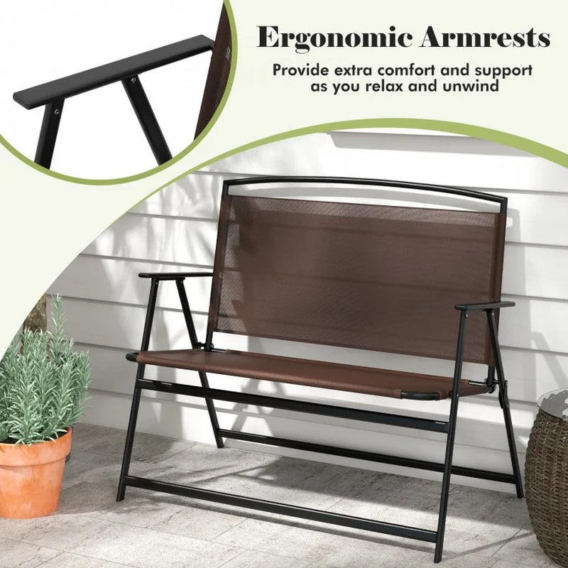 2-Person Folding Outdoor Garden Bench with Backrest and Armrests