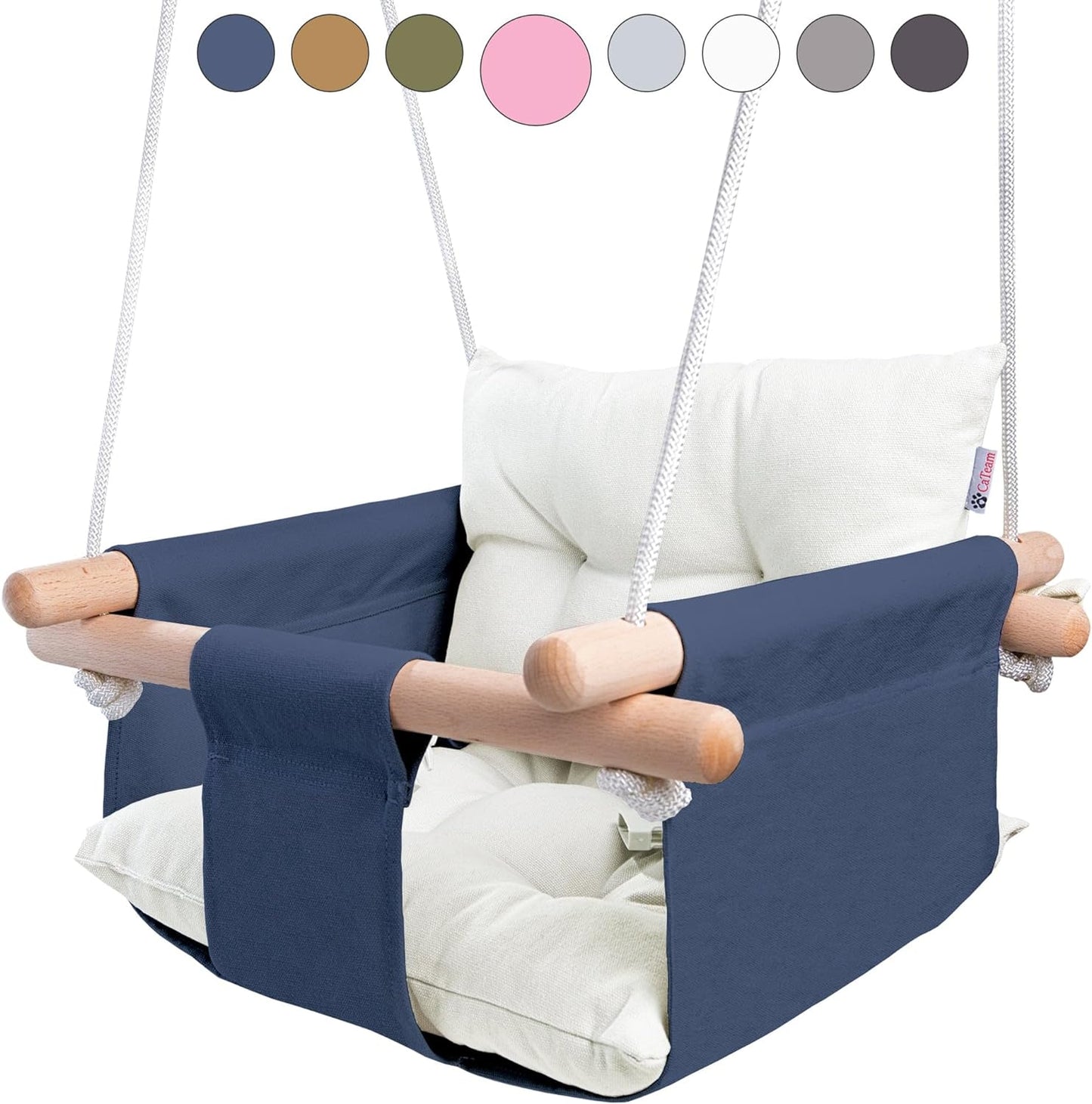 Ivory Canvas Baby Swing with Wooden Seat and Safety Belt - Durable Indoor/Outdoor Swing, Includes Mounting Hardware