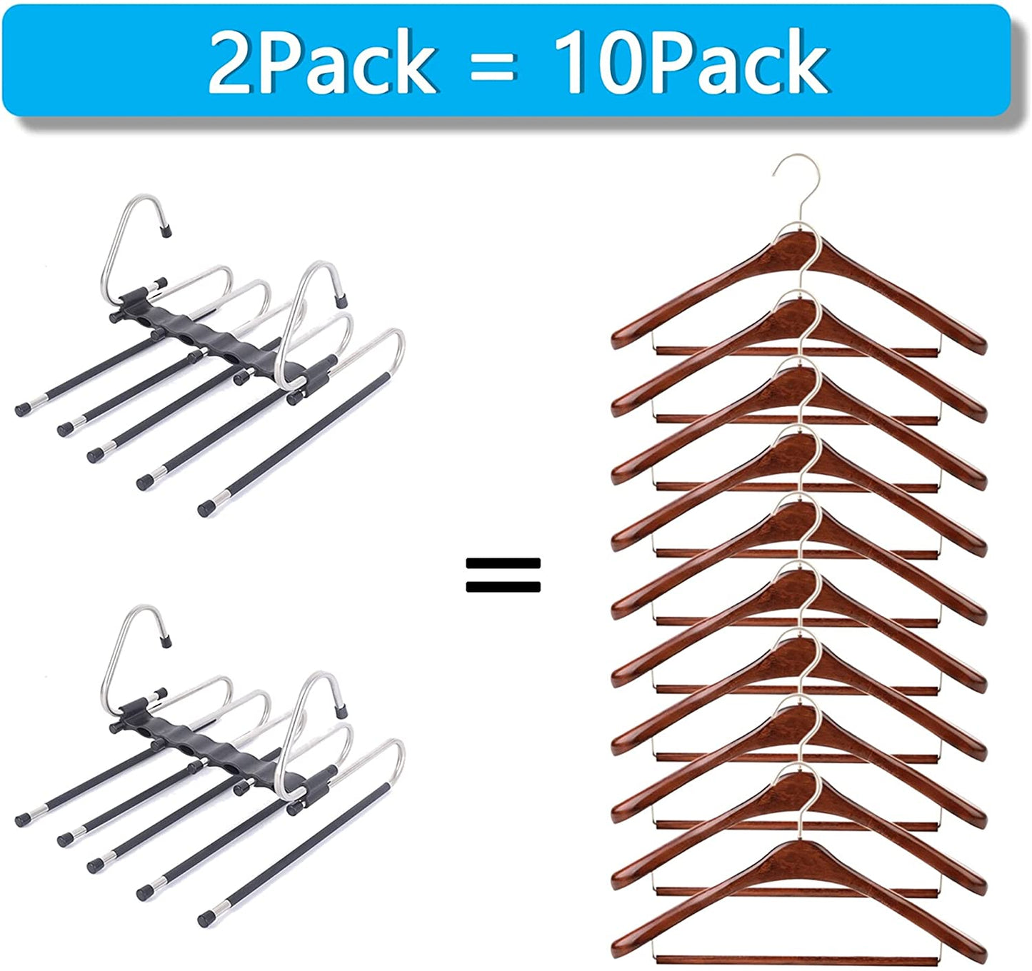 Space-Saving Magic Pants Hangers - 2-Pack Multi-Layer Rack Organizer - Trousers, Scarves, and Slacks Qty 10 Clips