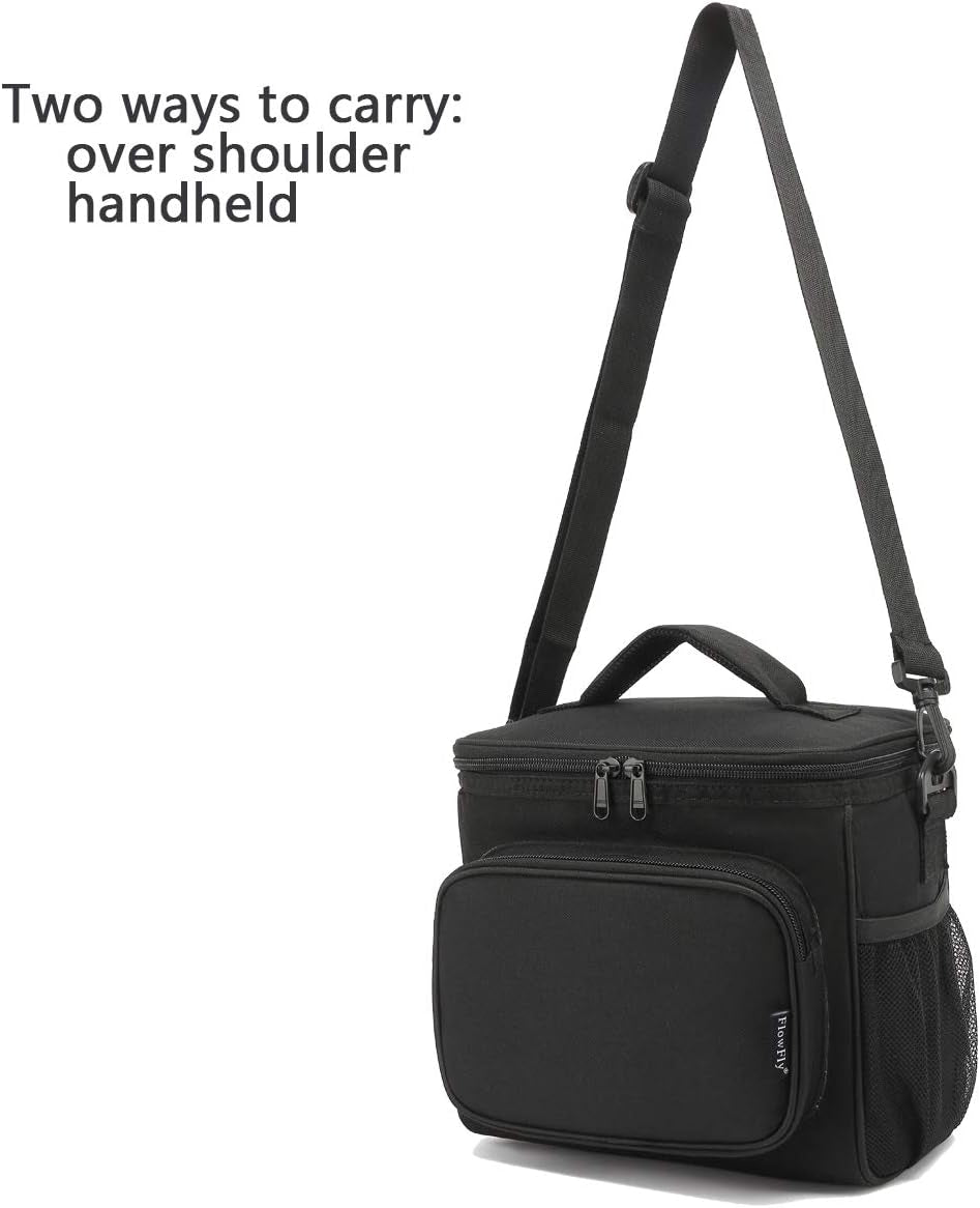 Insulated Lunch Bag for Adults - Spacious Cooler Tote with Adjustable Strap, Front Pocket, and Dual Large Mesh Side Pockets in Black