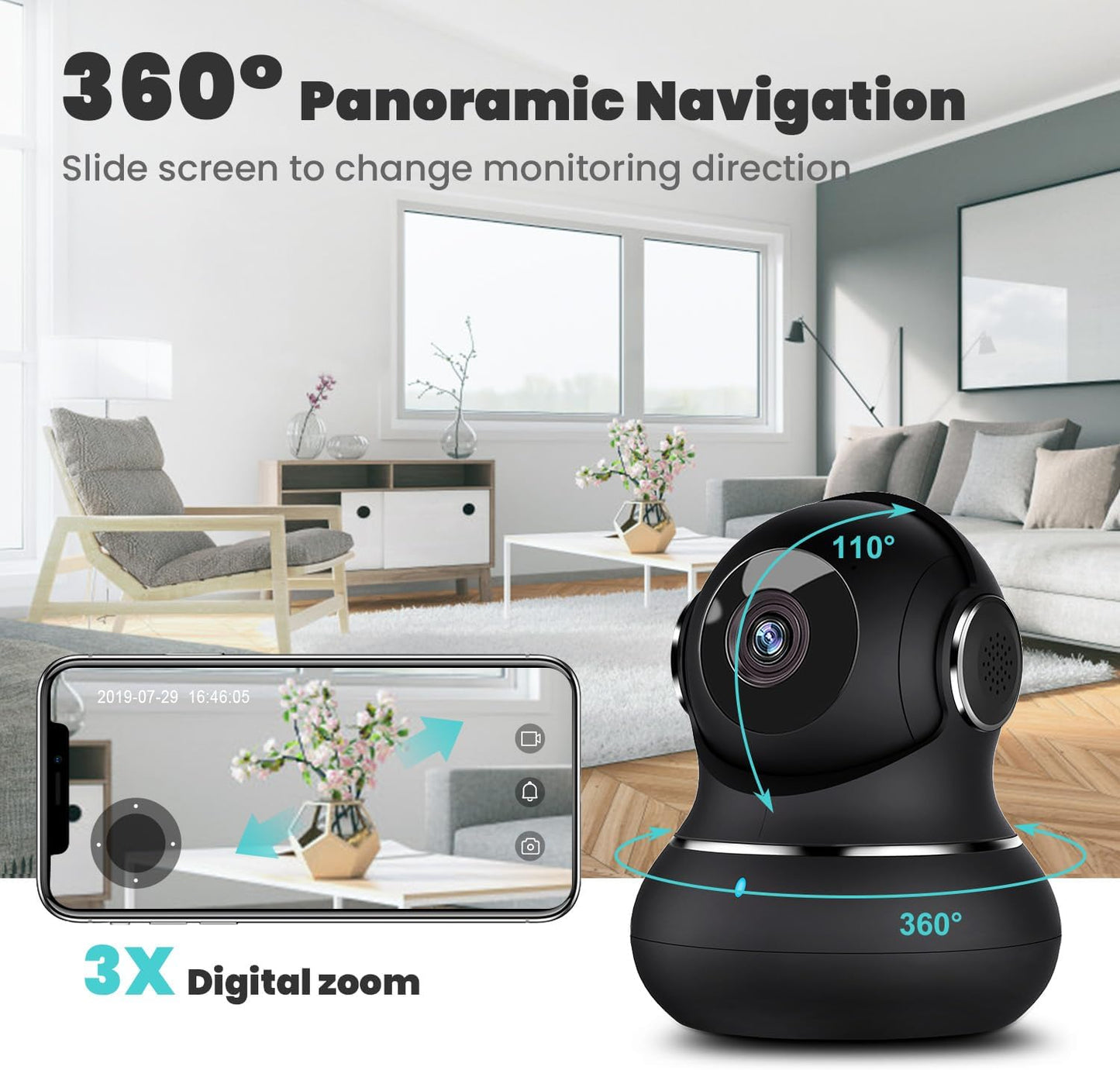 (Set of 2) 2K Indoor Security Camera System - 360° Pet Monitoring with Mobile App, Motion Detection, IR Night Vision, Two-Way Audio, Wireless Baby/Nanny Monitor, Compatible with Alexa