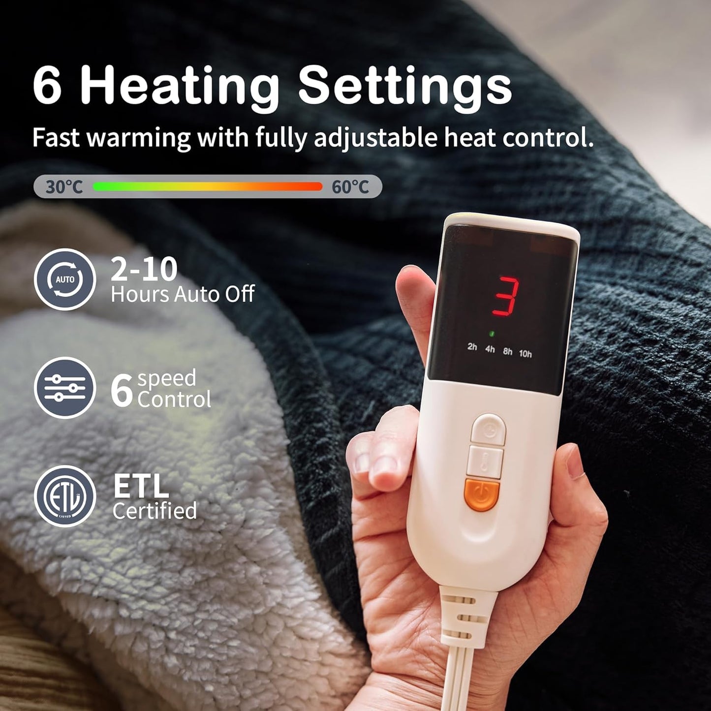 Electric Heated Blanket Throw 50''x60'' - 6 Heat Settings, 2-10 Hour Auto Shut-Off, ETL Certified, Machine Washable (Black)