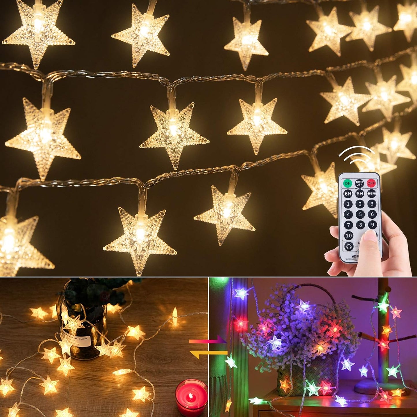 33 Ft 100 LED Warm White Star String Lights with Remote and Timer for Indoor and Outdoor Décor - Ideal for Bedrooms, Porches, Weddings, Parties, Patios, Gardens, and Tents