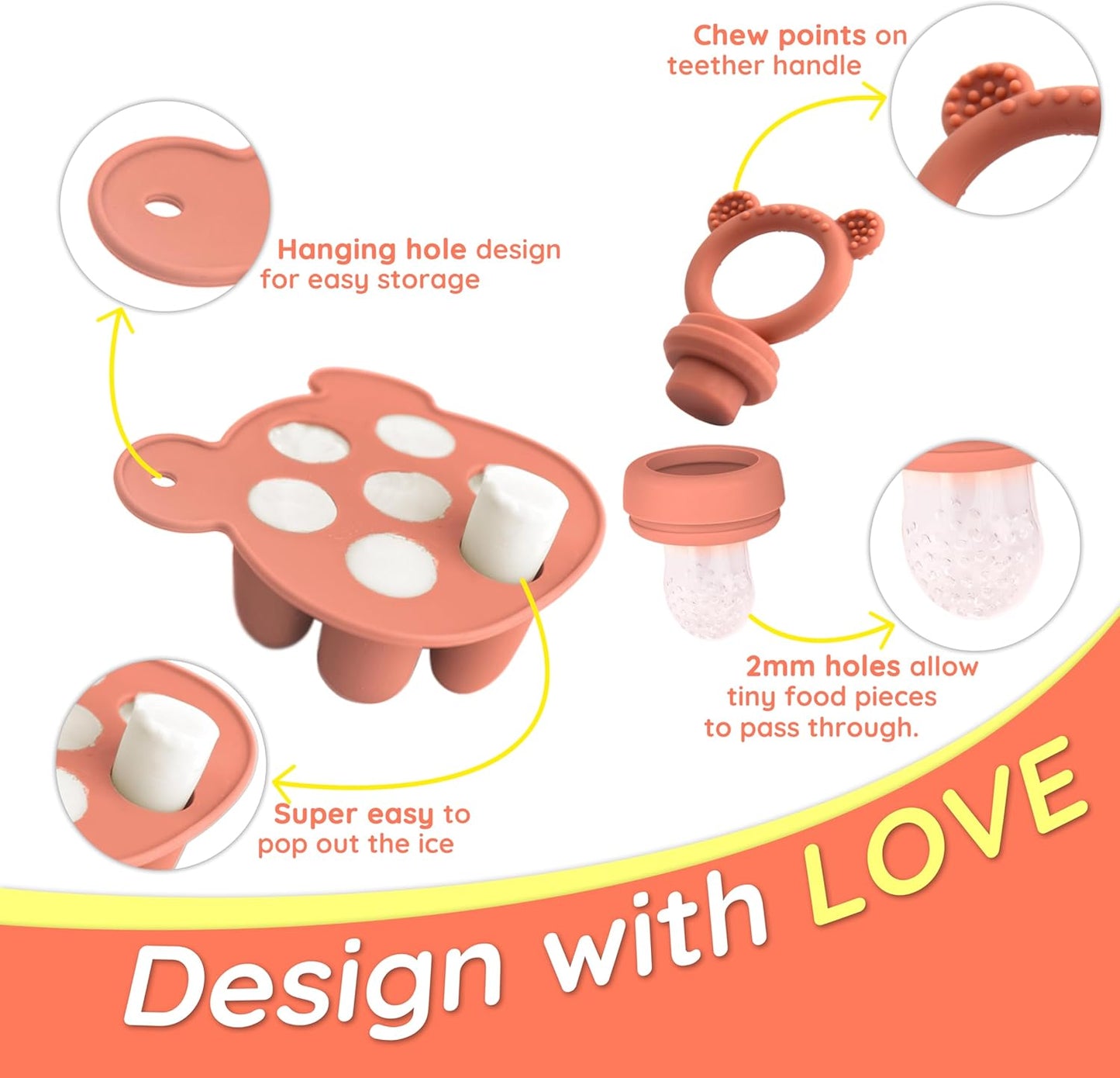 Fruit Food Feeder Pacifier- BPA-Free Teething Relief, Breast Milk Popsicle Mold - Purees, Food Freezer Cube Tray, 2 Additional Pouches