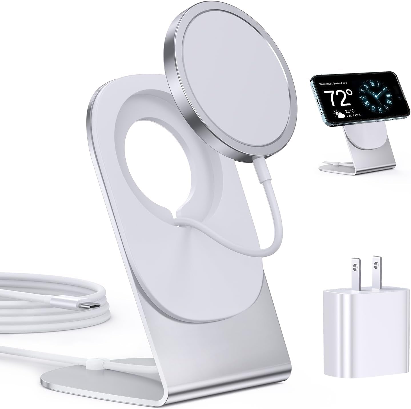 MagSafe Wireless Charger for iPhone Series - Convertible Magnetic Charging Stand - 20W Adapter and 5ft Cable for iPhone and AirPods