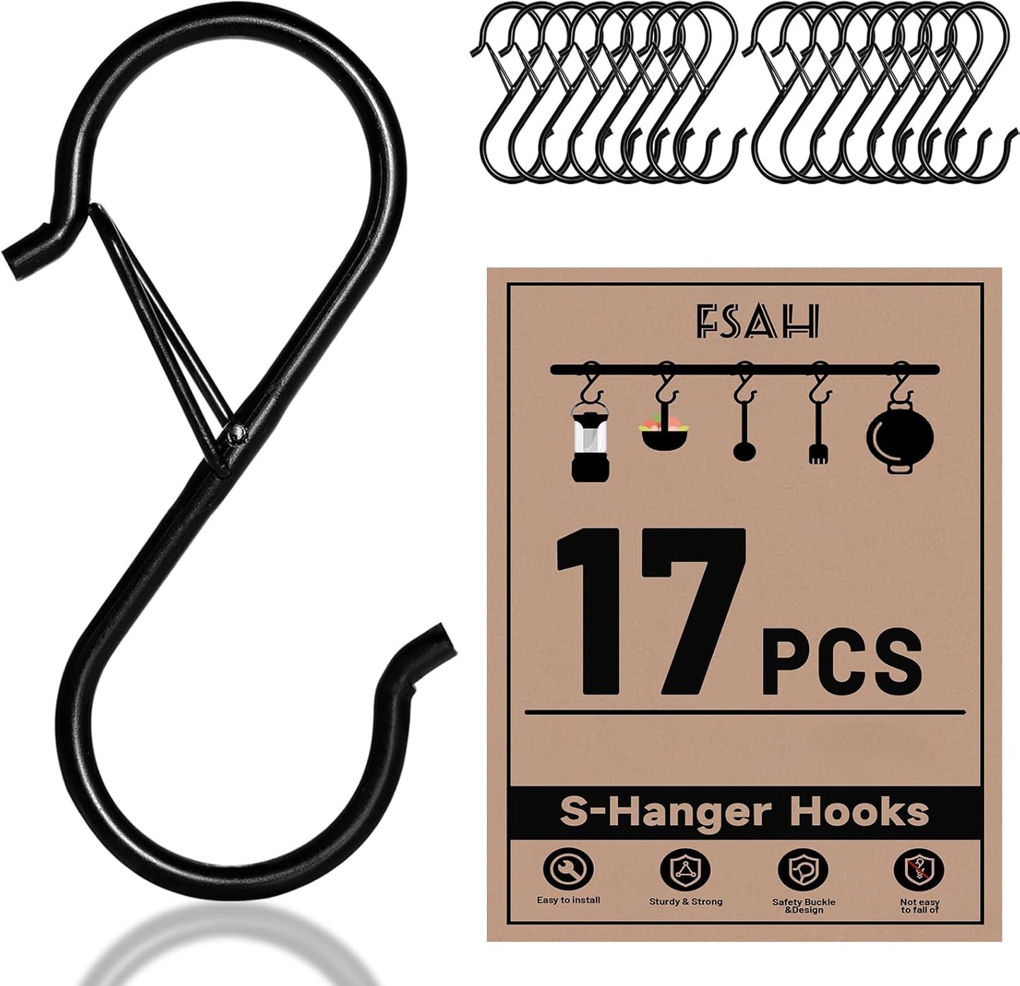 17-Piece Heavy-Duty S Hooks Set, S-Shaped Hanging Hooks, Featuring Safety Buckle Design, 3.5 Inches